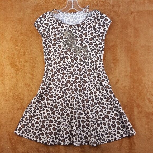 CHILDRENS PLACE Girls Dress Large Brown Leopard Pullover Cold Shoulder Unicorn - Picture 1 of 7